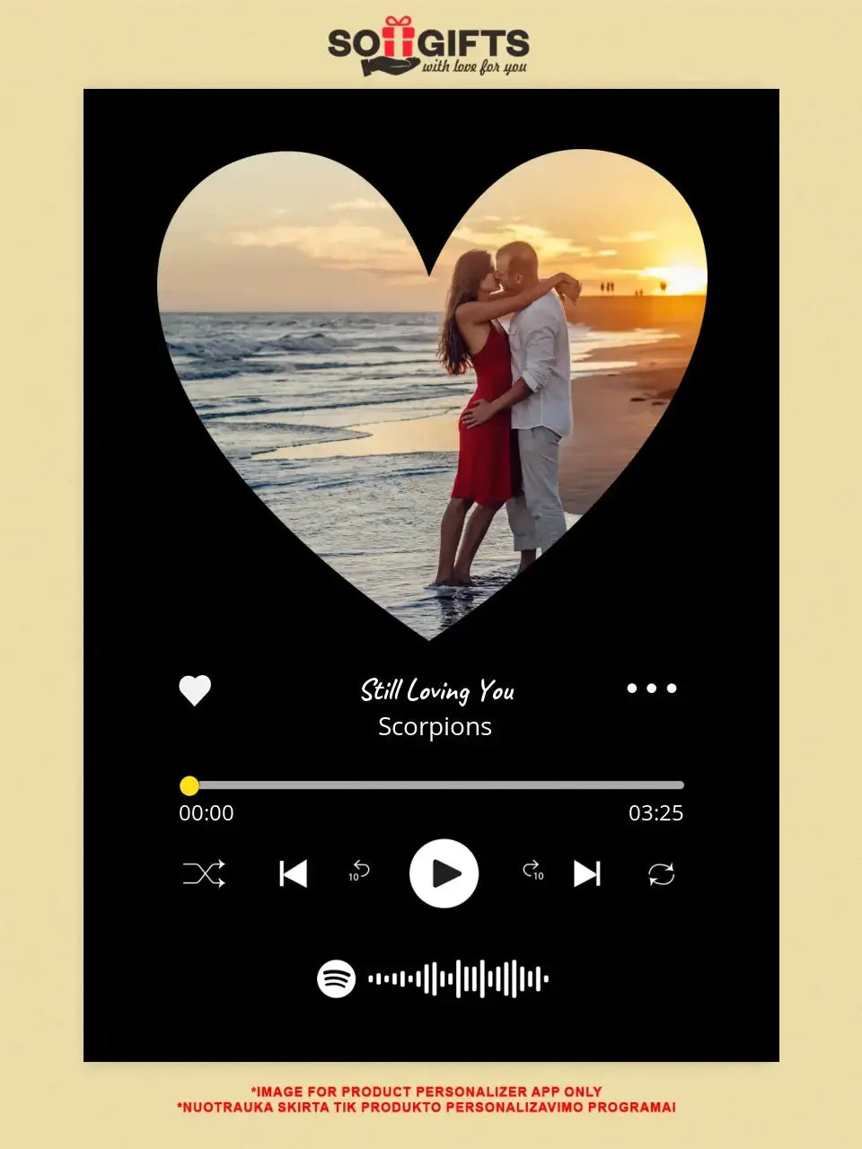 Personalizuotas Spotify muzikos grotuvas ant drobės su jūsų nuotrauka širdelės formos, daina ir spotify kodu  Drobe -  dovanokis.lt