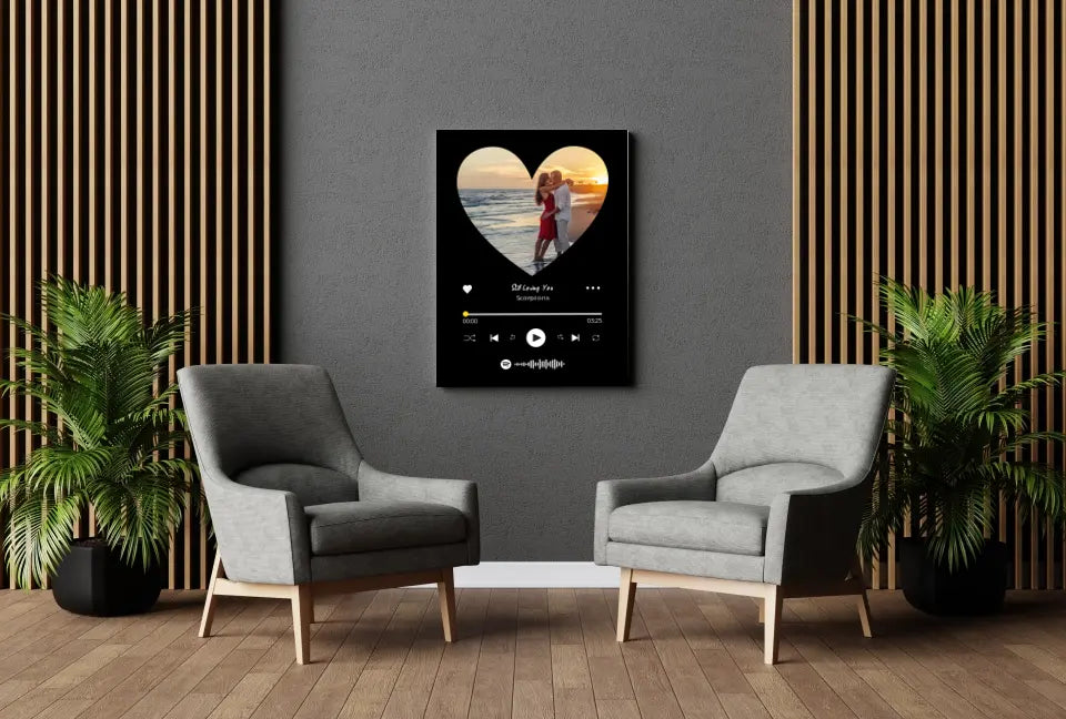 Personalizuotas Spotify muzikos grotuvas ant drobės su jūsų nuotrauka širdelės formos, daina ir spotify kodu