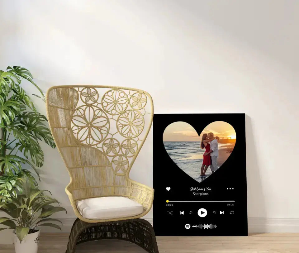 Personalizuotas Spotify muzikos grotuvas ant drobės su jūsų nuotrauka širdelės formos, daina ir spotify kodu  Drobe -  dovanokis.lt