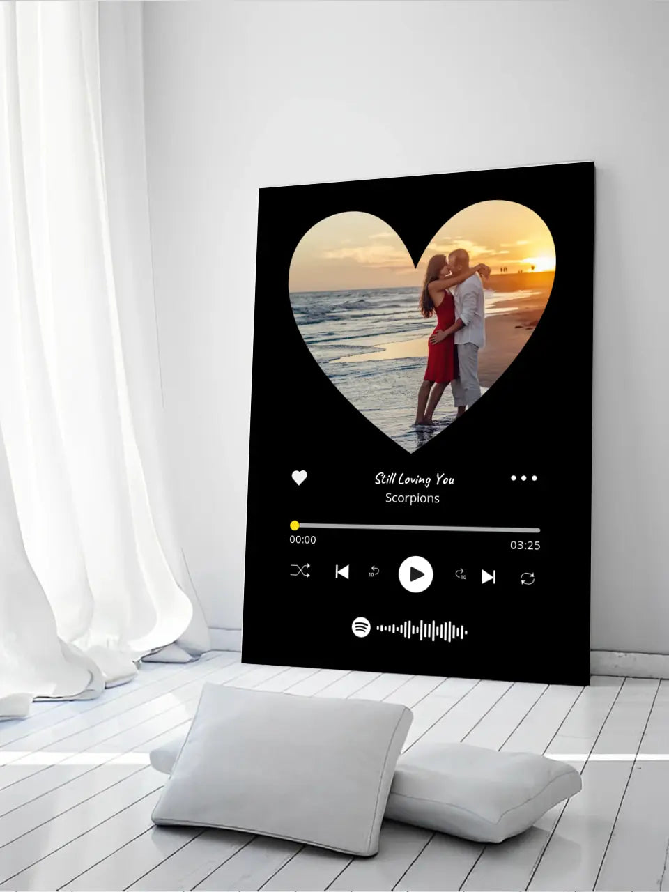 Personalizuotas Spotify muzikos grotuvas ant drobės su jūsų nuotrauka širdelės formos, daina ir spotify kodu