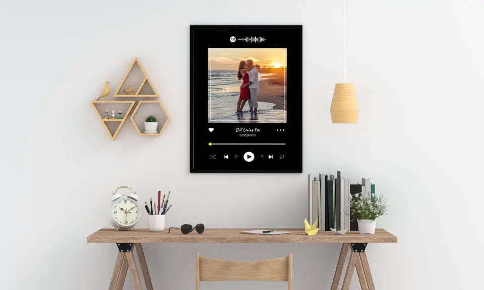 Personalizuotas Spotify muzikos grotuvo įrėmintas plakatas su jūsų nuotrauka, daina ir spotify kodu