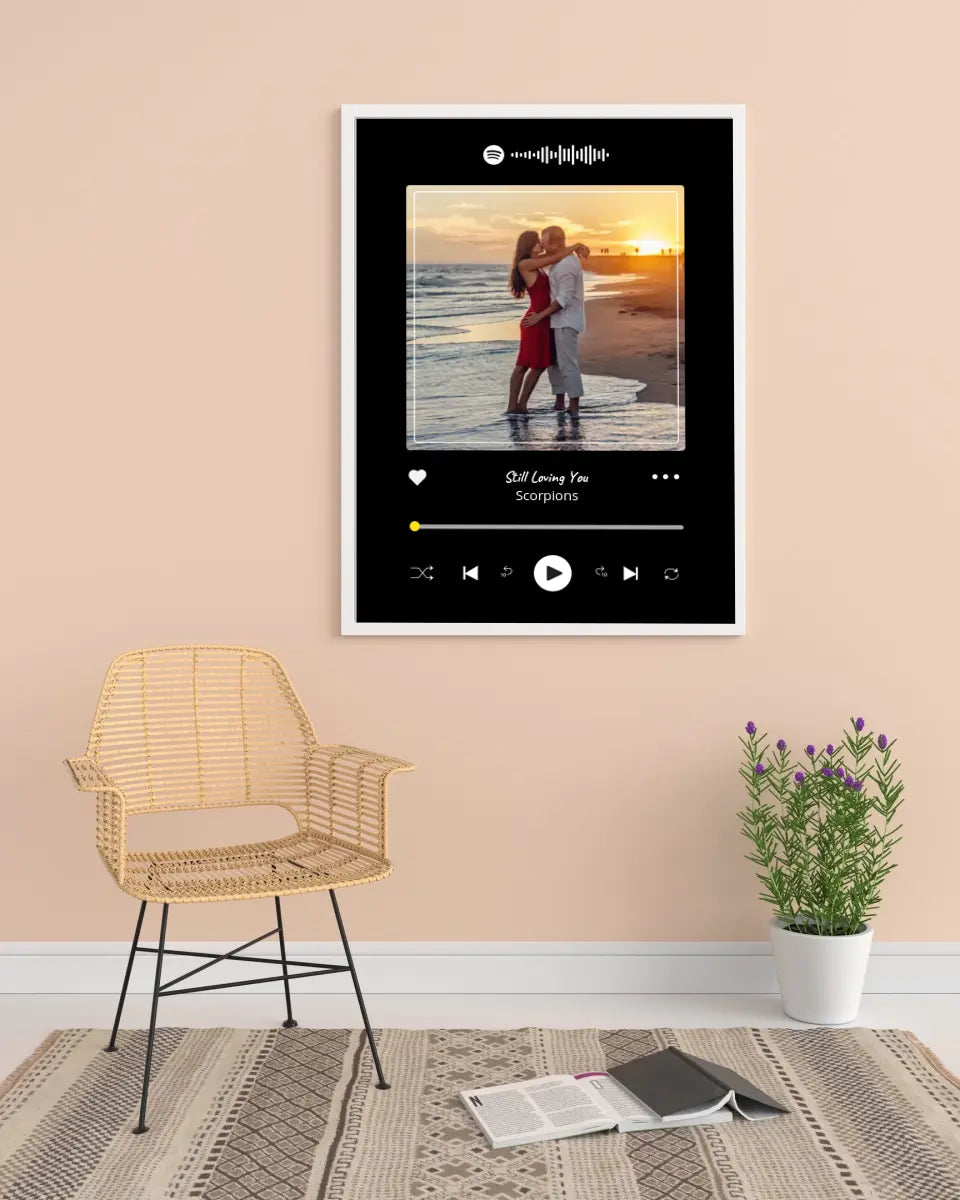 Personalizuotas Spotify muzikos grotuvo įrėmintas plakatas su jūsų nuotrauka, daina ir spotify kodu