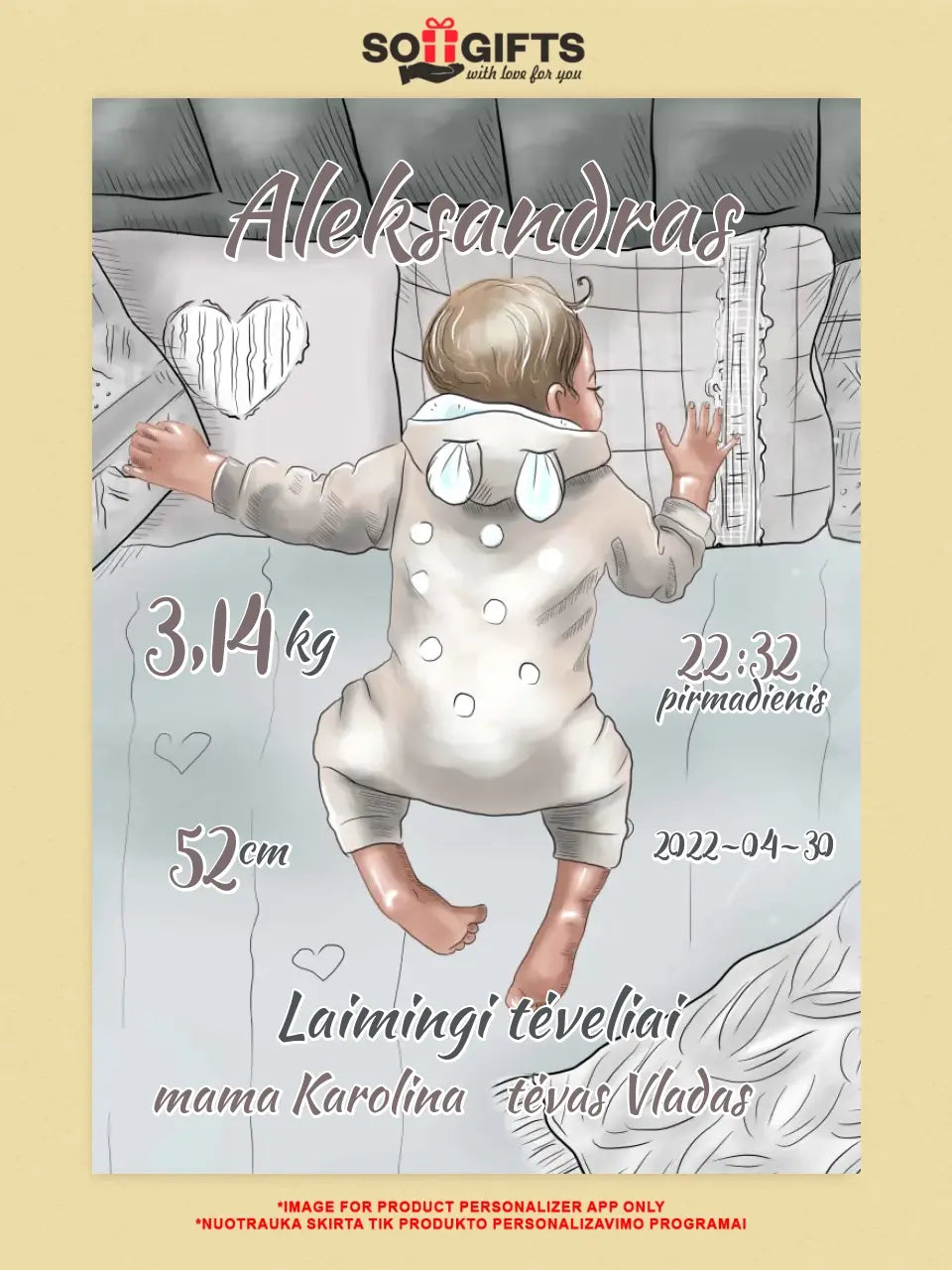 Personalizuota Vaiko Gimimo Metrikų Iliustracija ant drobės, Mergaitės ir Berniuko gimimo metrika