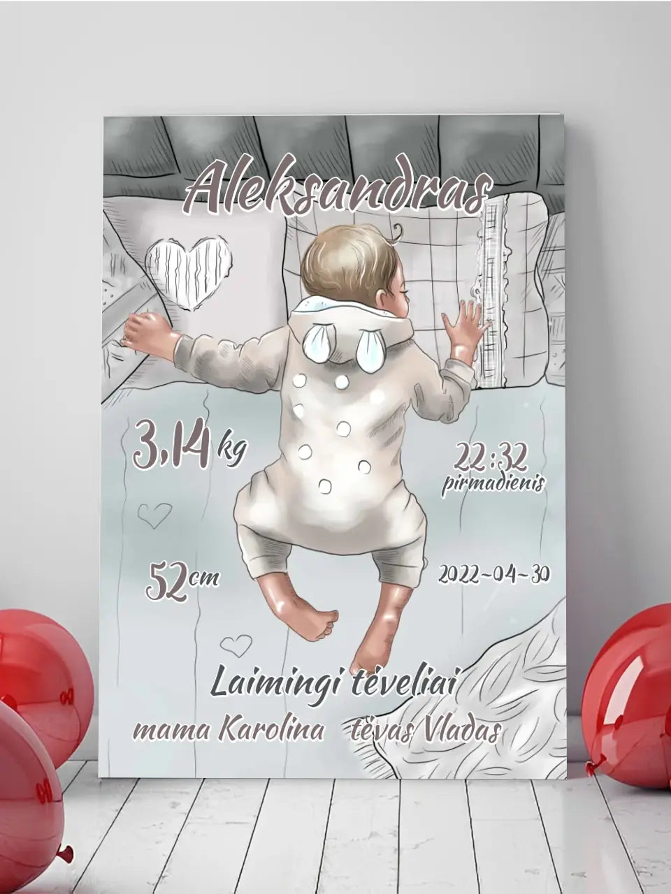 Personalizuota Vaiko Gimimo Metrikų Iliustracija ant drobės, Mergaitės ir Berniuko gimimo metrika