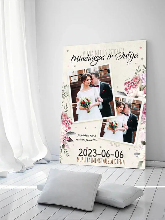 Personalizuotas vestuvinis spaudinys ant drobės, viena meilės istorija  Drobe -  dovanokis.lt