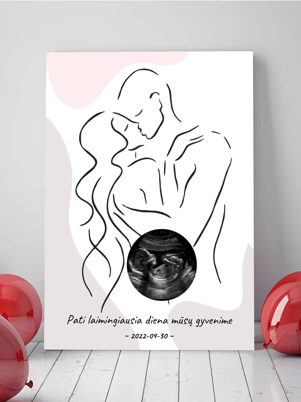 Personalizuotas nėščiųjų echoskopijos tyrimo spaudinys ant drobės, su jūsų nuotrauką ir linijine iliustracija