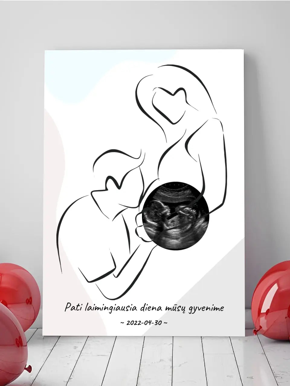 Personalizuotas nėščiųjų echoskopijos tyrimo spaudinys ant drobės, su jūsų nuotrauką ir linijine iliustracija