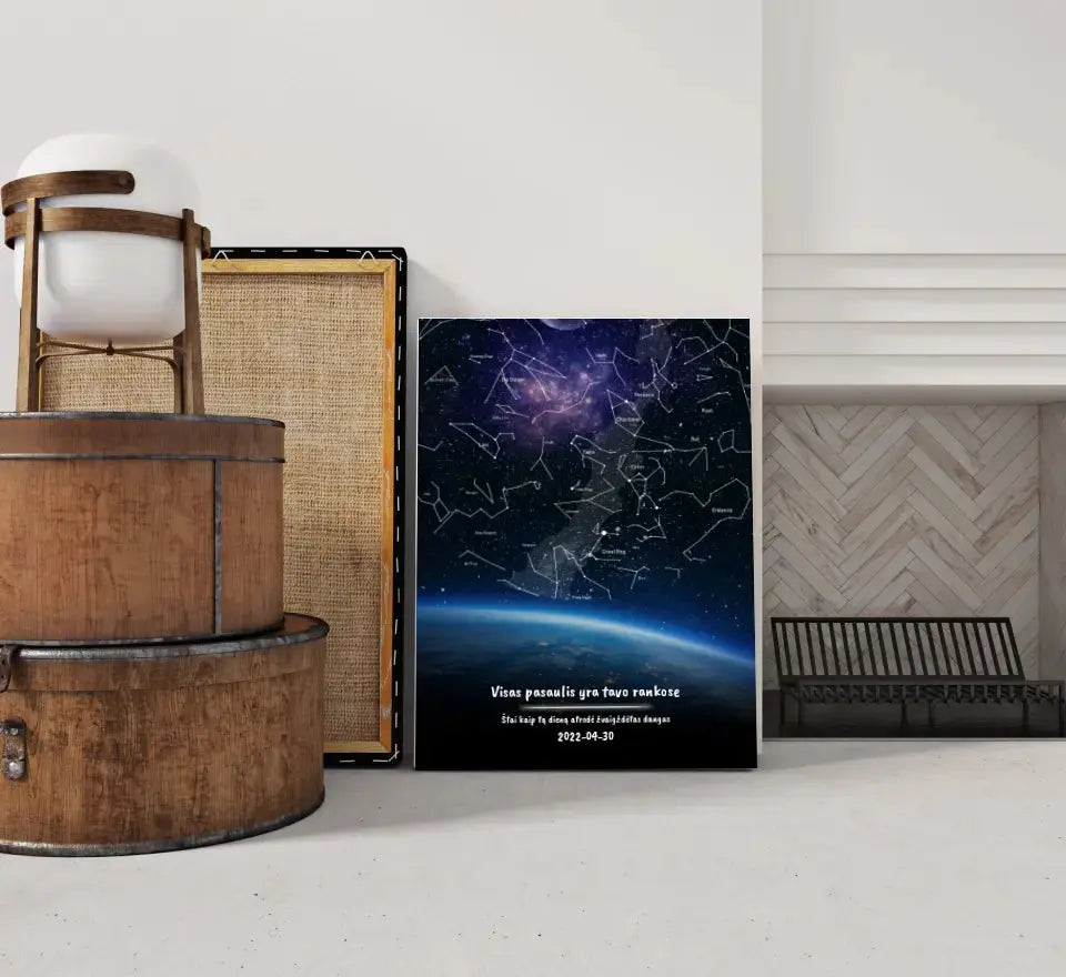 Personalizuotas viso spektro žvaigždžių žemėlapis ant drobės, žemės mėlynas šešėlis  Drobe -  dovanokis.lt