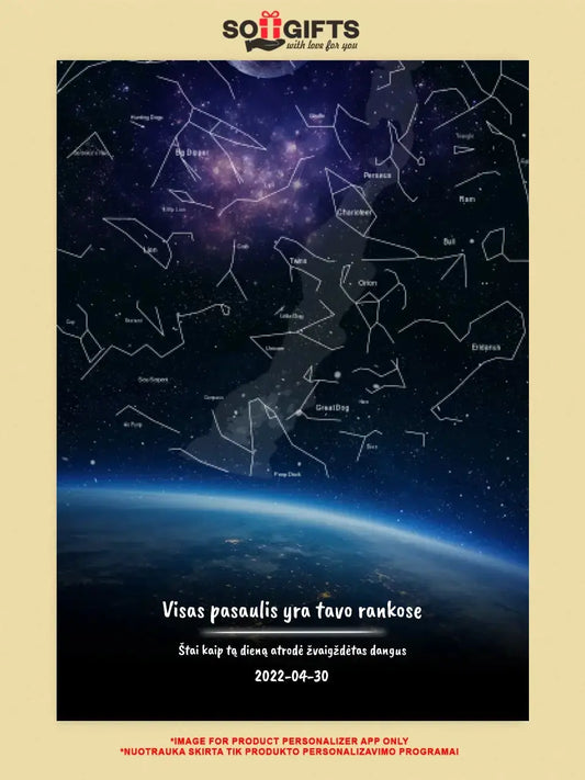 Personalizuotas viso spektro žvaigždžių žemėlapis ant drobės, žemės mėlynas šešėlis  Drobe -  dovanokis.lt