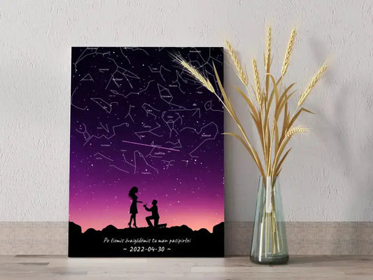 Personalizuotas viso spektro žvaigždžių žemėlapis ant drobės, su santuokos silueto pasirinkimu  Drobe -  dovanokis.lt