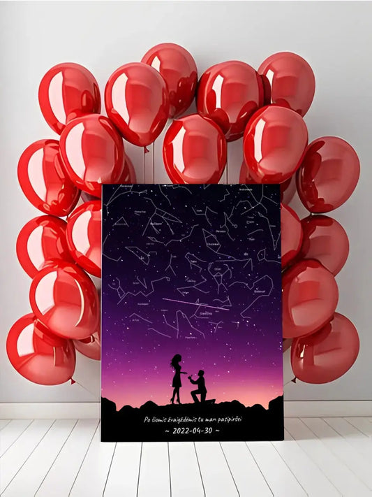 Personalizuotas viso spektro žvaigždžių žemėlapis ant drobės, su santuokos silueto pasirinkimu  Drobe -  dovanokis.lt