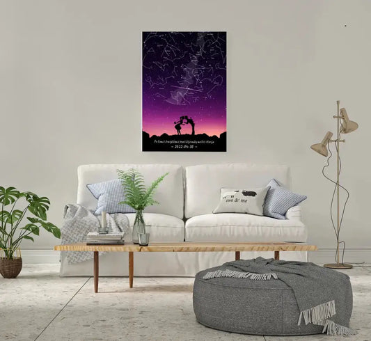 Personalizuotas viso spektro žvaigždžių žemėlapis ant drobės, su Meilės istorijos pasirinktu siluetu  Drobe -  dovanokis.lt