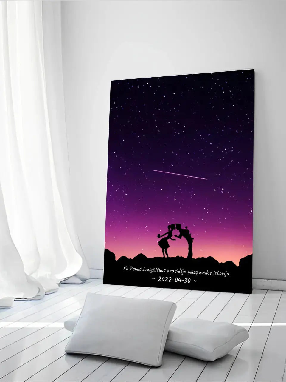 Personalizuotas viso spektro žvaigždžių žemėlapis ant drobės, su Meilės istorijos pasirinktu siluetu  Drobe -  dovanokis.lt