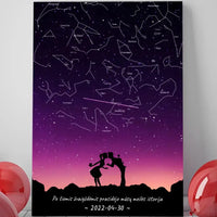 Personalizuotas viso spektro žvaigždžių žemėlapis ant drobės, su Meilės istorijos pasirinktu siluetu  Drobe -  dovanokis.lt