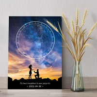 Personalizuotas žvaigždžių žemėlapis ant drobės, su santuokos pasiūlymo siluetu  Drobe -  dovanokis.lt