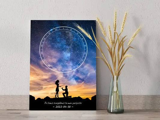 Personalizuotas žvaigždžių žemėlapis ant drobės, su santuokos pasiūlymo siluetu  Drobe -  dovanokis.lt