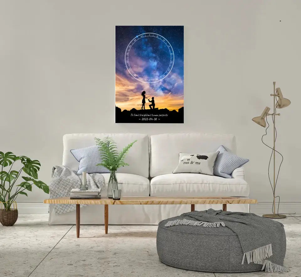 Personalizuotas žvaigždžių žemėlapis ant drobės, su santuokos pasiūlymo siluetu  Drobe -  dovanokis.lt