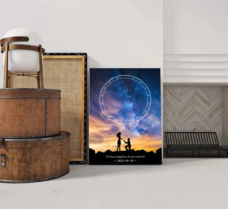 Personalizuotas žvaigždžių žemėlapis ant drobės, su santuokos pasiūlymo siluetu  Drobe -  dovanokis.lt