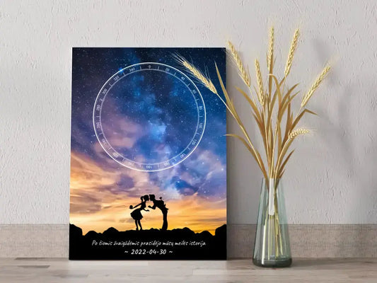 Personalizuotas žvaigždžių žemėlapis ant drobės, su Meilės istorijos pasirinktu siluetu  Drobe -  dovanokis.lt