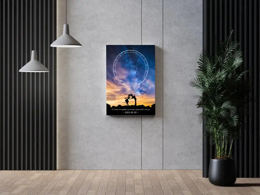 Personalizuotas žvaigždžių žemėlapis ant drobės, su Meilės istorijos pasirinktu siluetu  Drobe -  dovanokis.lt