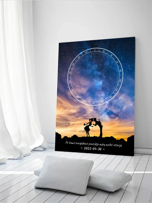 Personalizuotas žvaigždžių žemėlapis ant drobės, su Meilės istorijos pasirinktu siluetu  Drobe -  dovanokis.lt