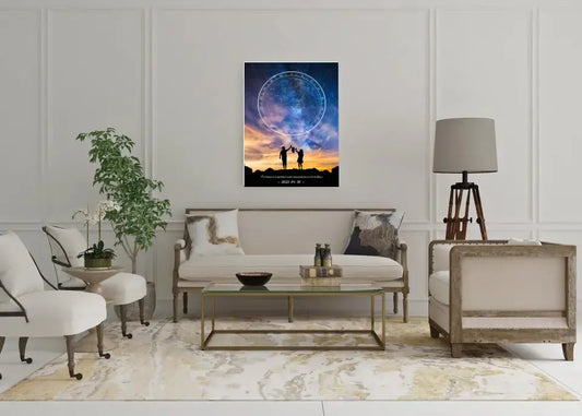 Personalizuotas žvaigždžių žemėlapis ant drobės, su šeimos pasirinktu siluetu  Drobe -  dovanokis.lt