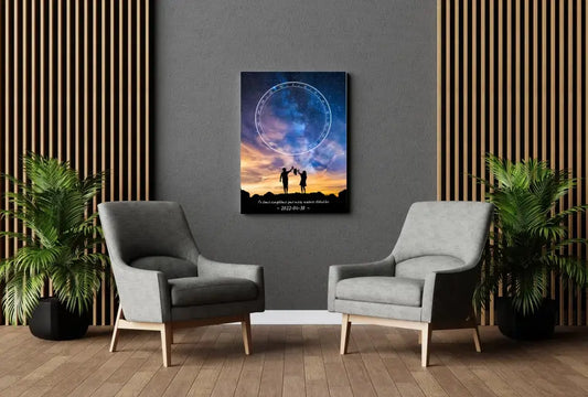 Personalizuotas žvaigždžių žemėlapis ant drobės, su šeimos pasirinktu siluetu  Drobe -  dovanokis.lt