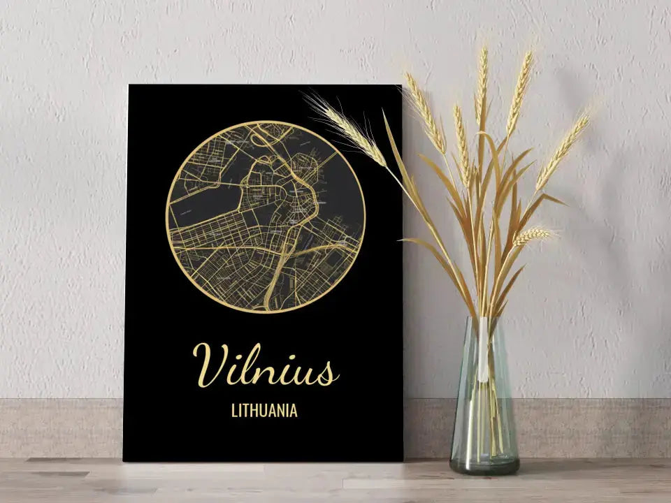 Personalizuotas auksinis, sidabrinis, bronzinis spaudinys ant drobės su jūsų buvimo vieta  Drobe -  dovanokis.lt