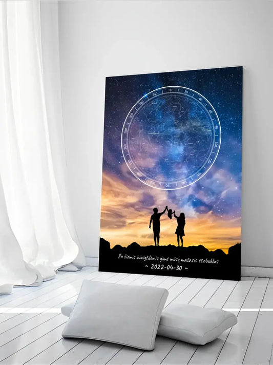 Personalizuotas žvaigždžių žemėlapis ant drobės, su šeimos pasirinktu siluetu  Drobe -  dovanokis.lt