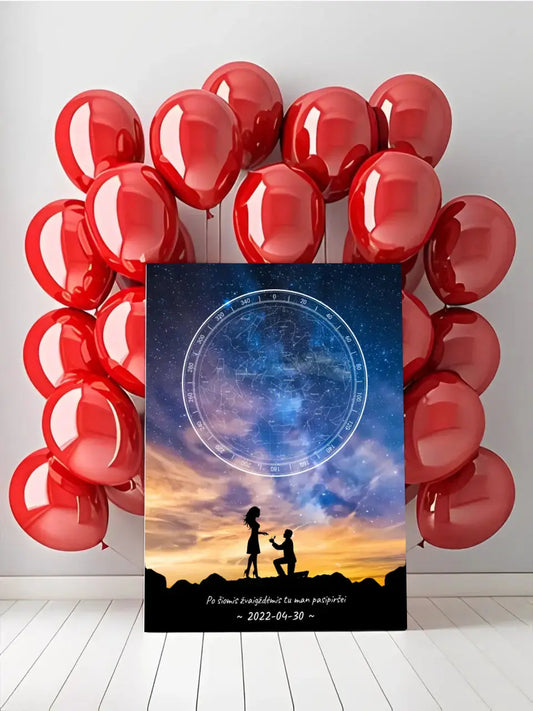 Personalizuotas žvaigždžių žemėlapis ant drobės, su santuokos pasiūlymo siluetu  Drobe -  dovanokis.lt