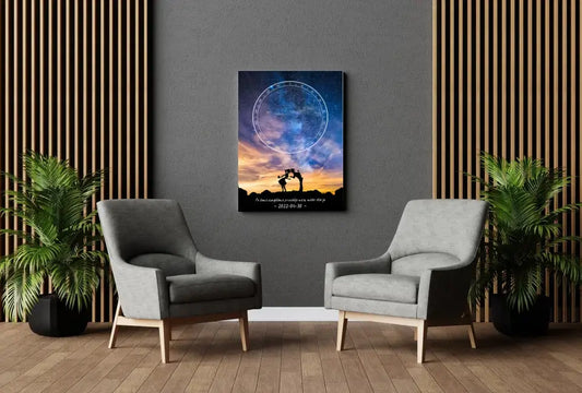 Personalizuotas žvaigždžių žemėlapis ant drobės, su Meilės istorijos pasirinktu siluetu  Drobe -  dovanokis.lt