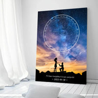 Personalizuotas žvaigždžių žemėlapis ant drobės, su santuokos pasiūlymo siluetu  Drobe -  dovanokis.lt