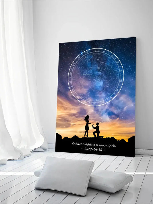 Personalizuotas žvaigždžių žemėlapis ant drobės, su santuokos pasiūlymo siluetu  Drobe -  dovanokis.lt