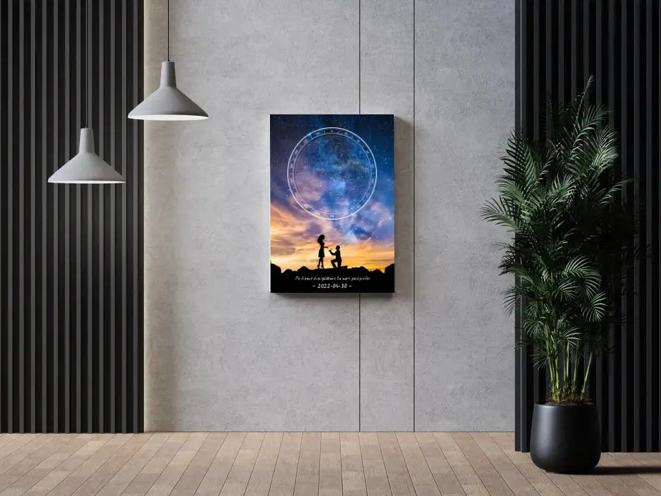 Personalizuotas žvaigždžių žemėlapis ant drobės, su santuokos pasiūlymo siluetu  Drobe -  dovanokis.lt