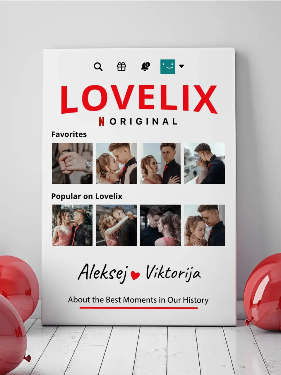 Personalizuotas "Lovelix" dizaino kūrinys ant drobės su jūsų nuotraukomis ir vardais