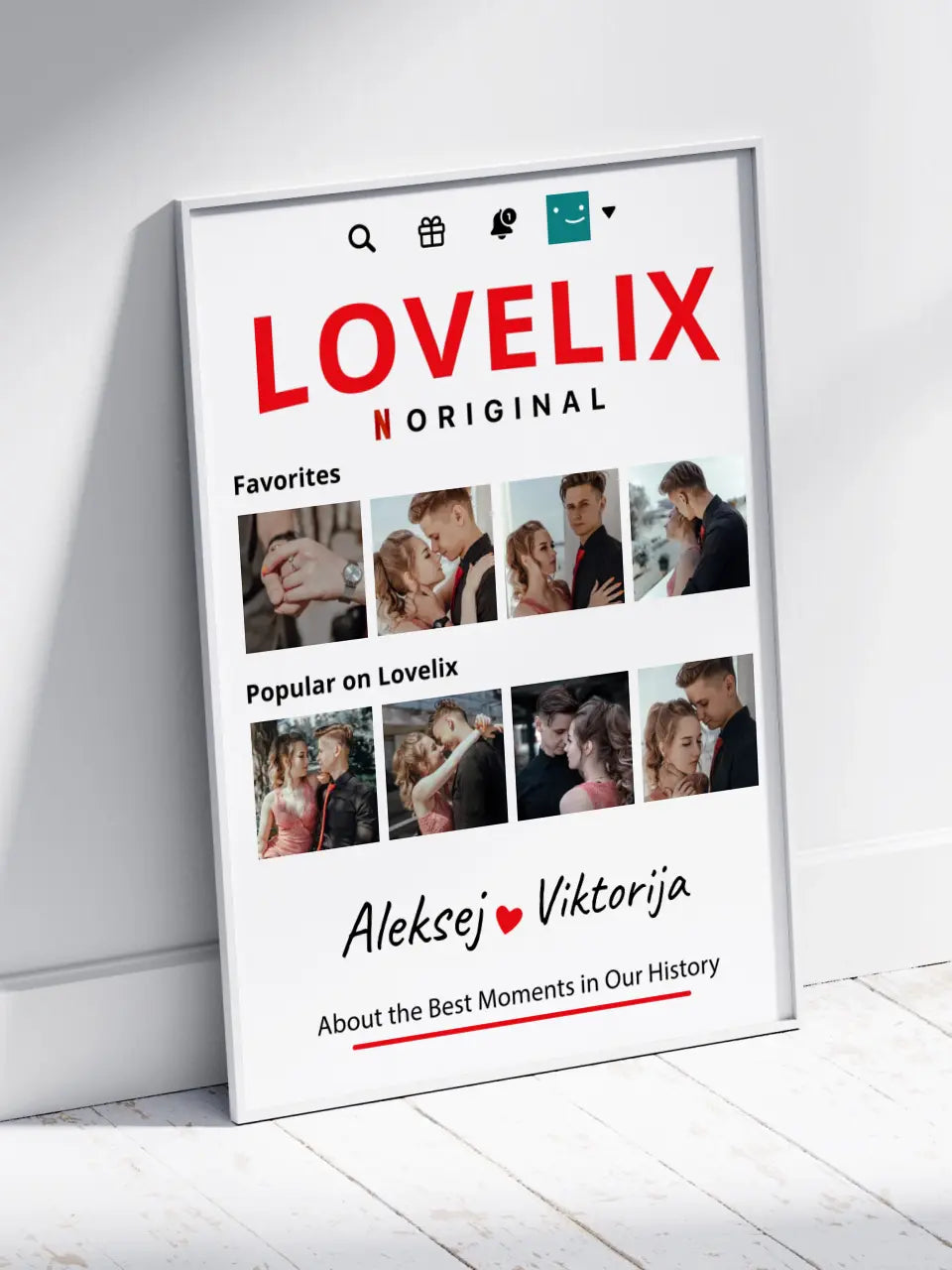 Personalizuotas "Lovelix" dizaino įrėmintas plakatas su jūsų nuotraukomis ir vardais