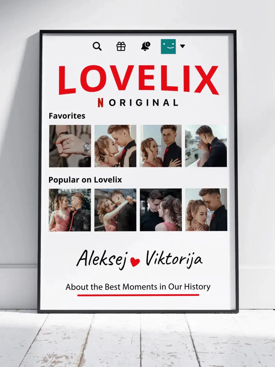 Personalizuotas "Lovelix" dizaino įrėmintas plakatas su jūsų nuotraukomis ir vardais  Posteris(Plakatas) -  dovanokis.lt