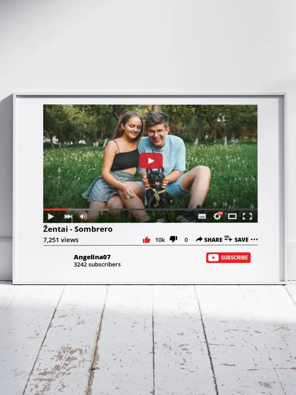 Personalizuotas "YouTube" dizaino įrėmintas plakatas su jūsų nuotrauka ir tekstu
