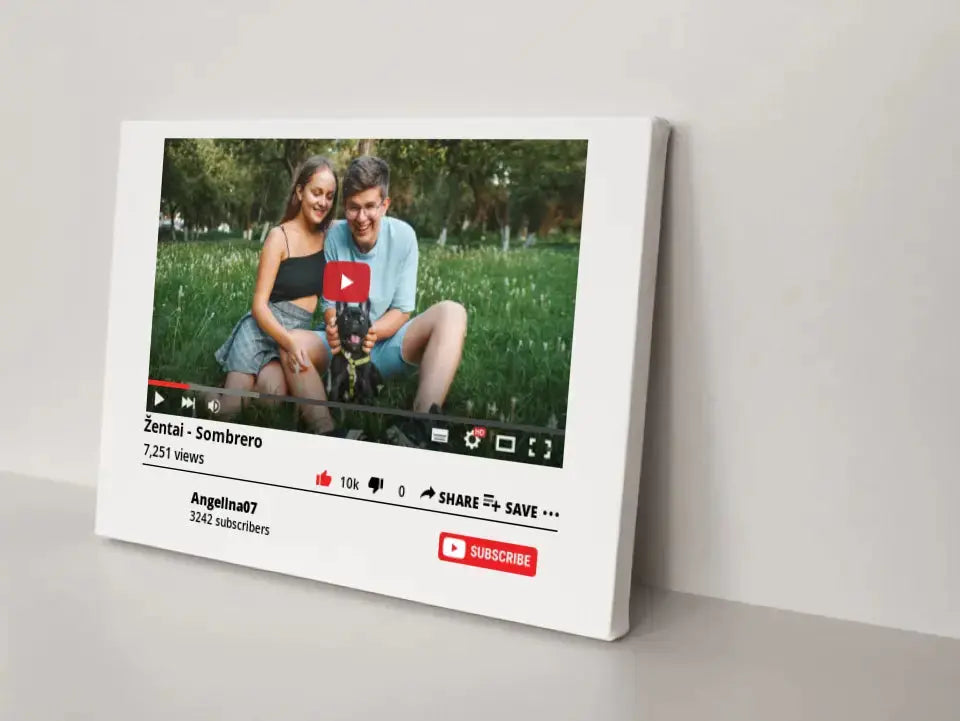 Personalizuotas "YouTube" dizaino kūrinys ant drobės su jūsų nuotrauka ir tekstais  Drobe -  dovanokis.lt