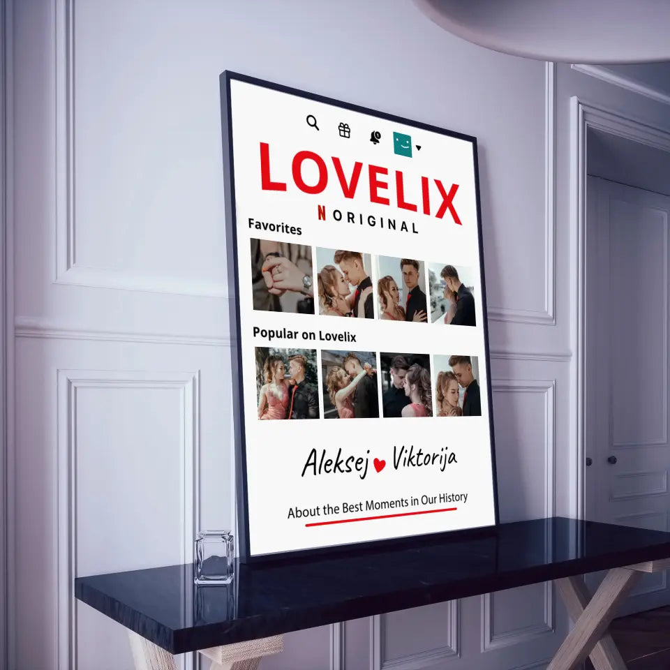 Personalizuotas "Lovelix" dizaino įrėmintas plakatas su jūsų nuotraukomis ir vardais