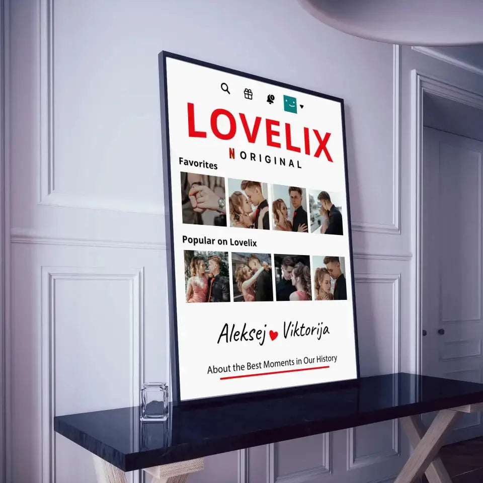 Personalizuotas "Lovelix" dizaino įrėmintas plakatas su jūsų nuotraukomis ir vardais  Posteris(Plakatas) -  dovanokis.lt
