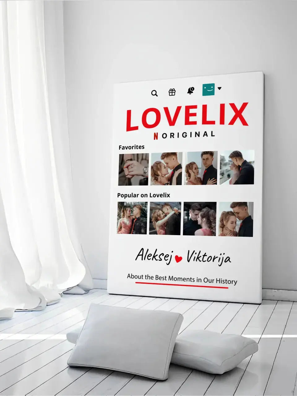 Personalizuotas "Lovelix" dizaino kūrinys ant drobės su jūsų nuotraukomis ir vardais  Drobe -  dovanokis.lt