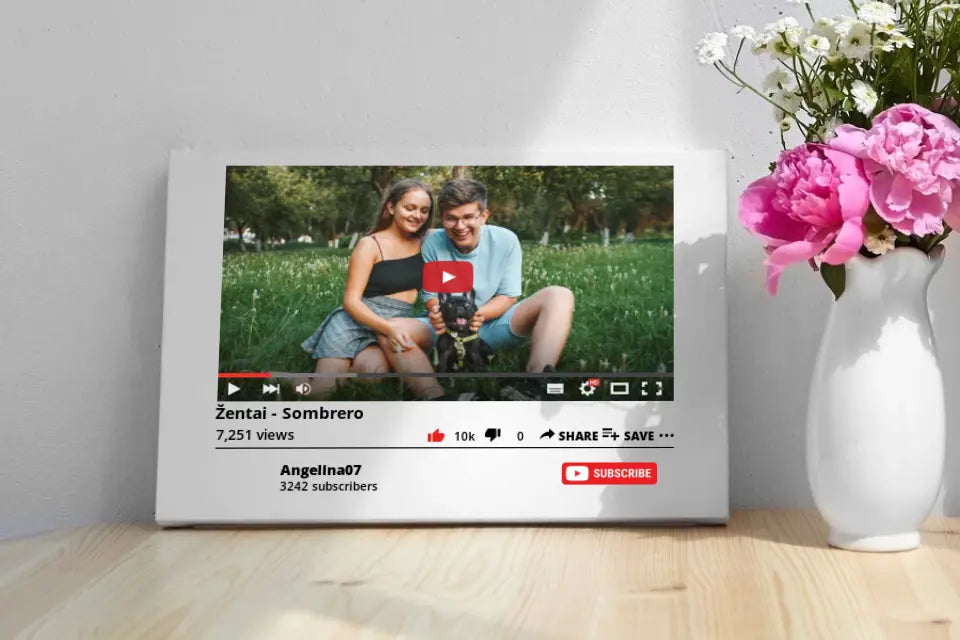 Personalizuotas "YouTube" dizaino kūrinys ant drobės su jūsų nuotrauka ir tekstais