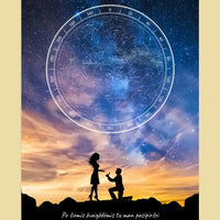 Personalizuotas žvaigždžių žemėlapis ant drobės, su santuokos pasiūlymo siluetu  Drobe -  dovanokis.lt