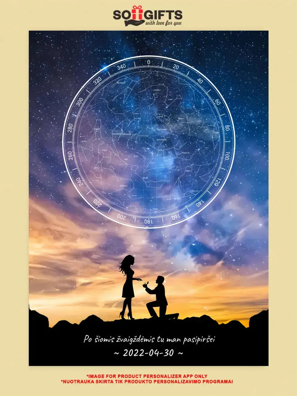 Personalizuotas žvaigždžių žemėlapis ant drobės, su santuokos pasiūlymo siluetu  Drobe -  dovanokis.lt