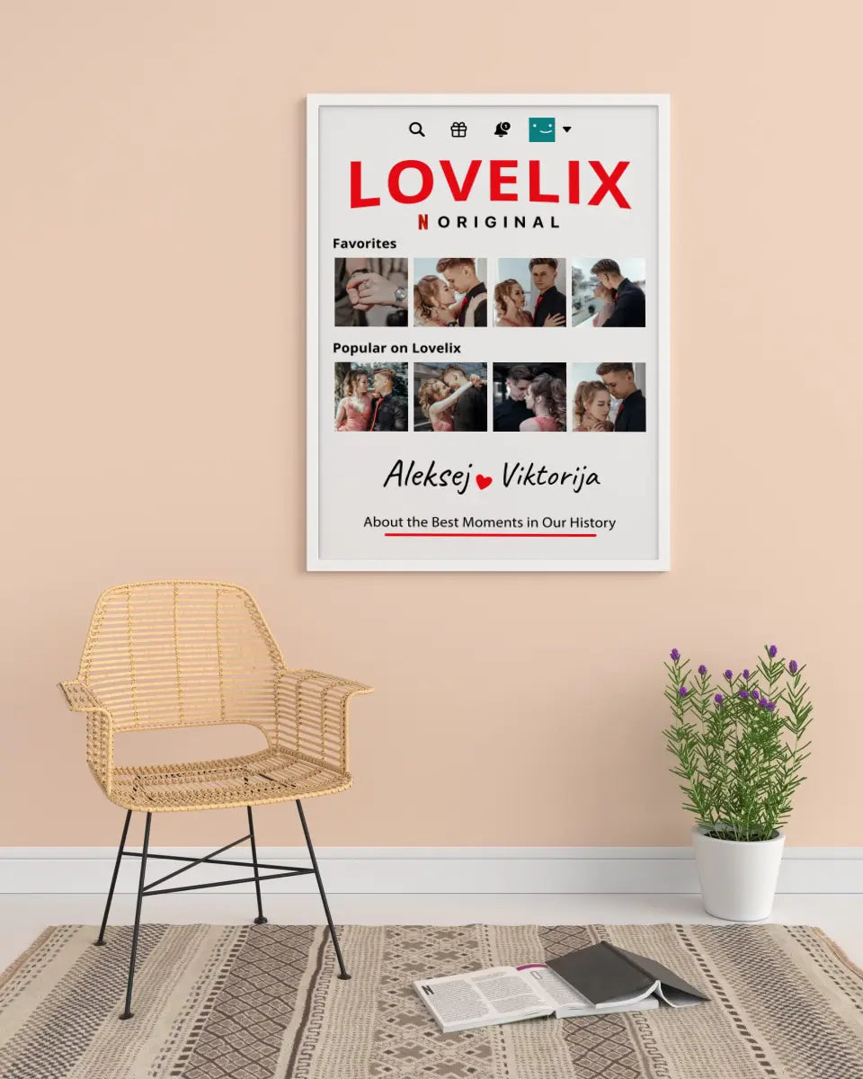 Personalizuotas "Lovelix" dizaino įrėmintas plakatas su jūsų nuotraukomis ir vardais