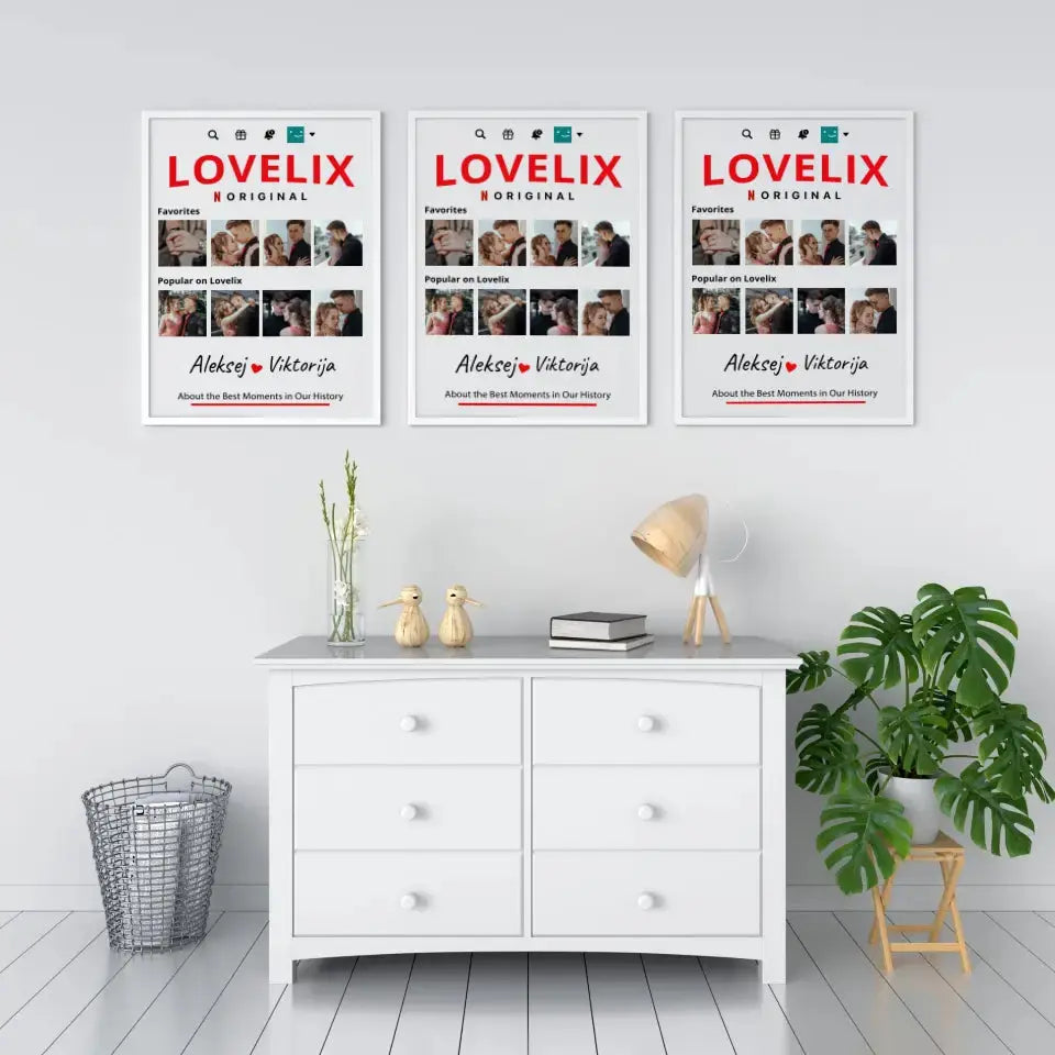 Personalizuotas "Lovelix" dizaino įrėmintas plakatas su jūsų nuotraukomis ir vardais  Posteris(Plakatas) -  dovanokis.lt