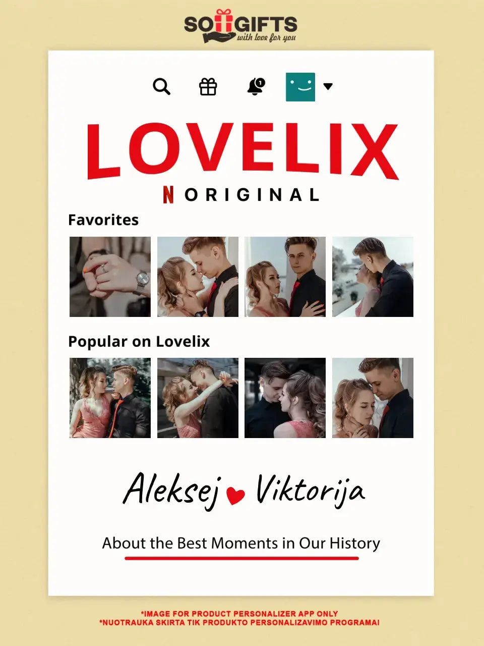 Personalizuotas "Lovelix" dizaino kūrinys ant drobės su jūsų nuotraukomis ir vardais  Drobe -  dovanokis.lt