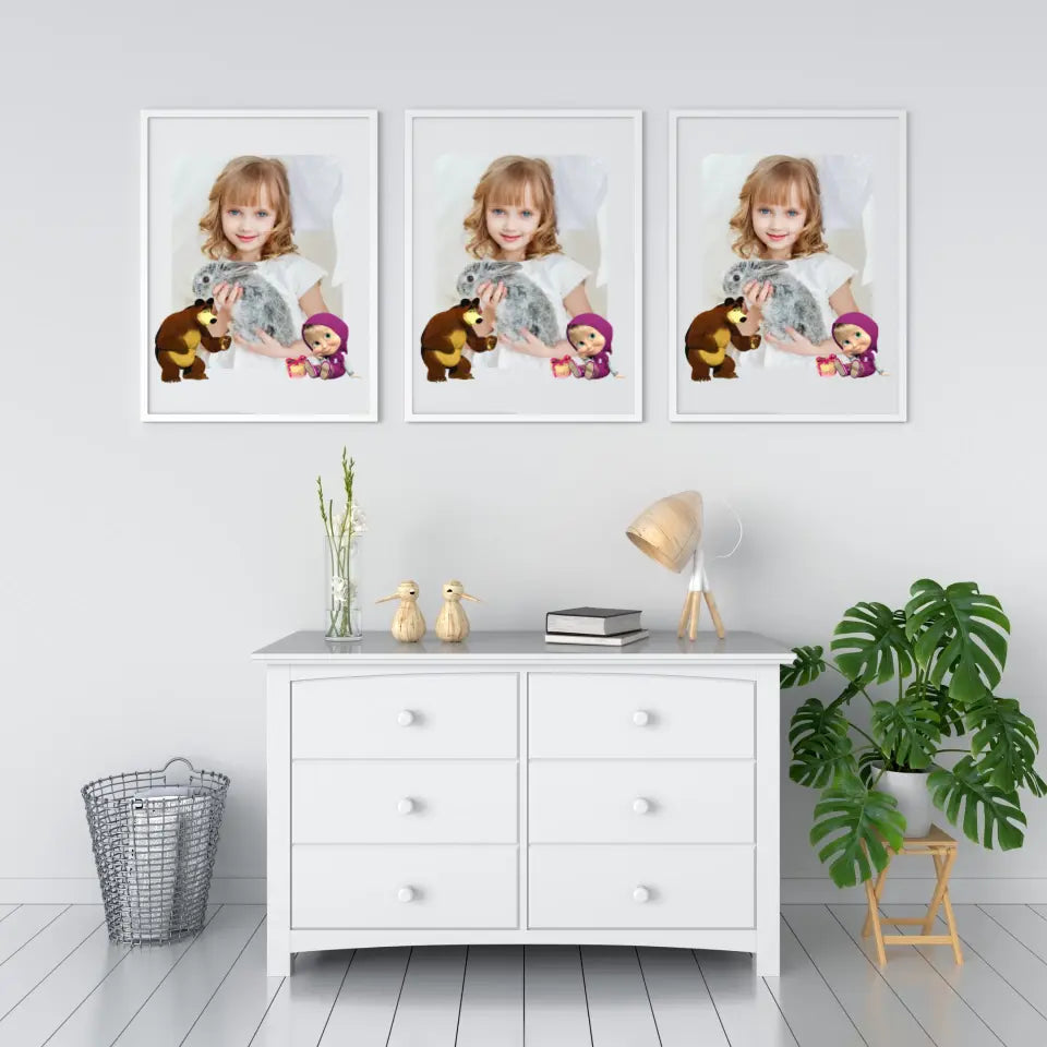 Personalizuotas "Masha ir Lokys" dizaino įrėmintas plakatas su jūsų nuotrauka