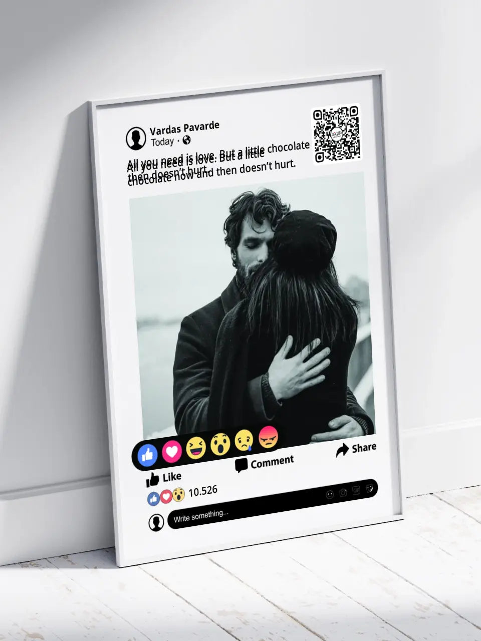 Personalizuotas "Facebook" dizaino įrėmintas plakatas su jūsų nuotrauka ir tekstu